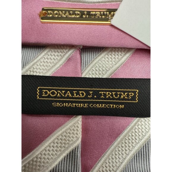 Donald J. Trump Tie Mens 100% Silk Pink White Striped 59.5” - Picture 4 of 6